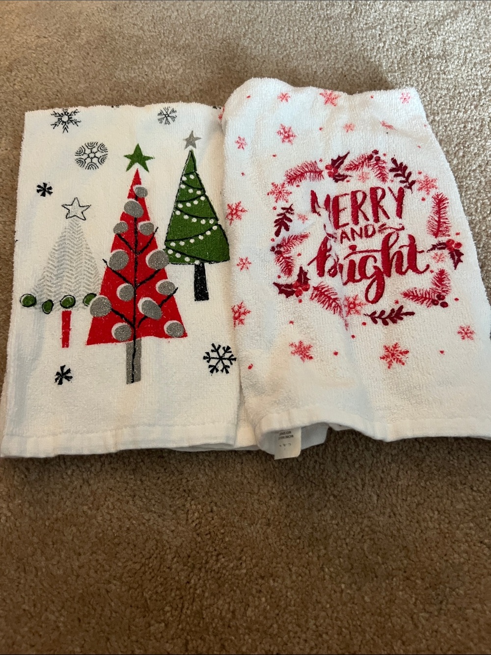 Merry and Bright Holiday Kitchen Towels - White with Red & Green Accents